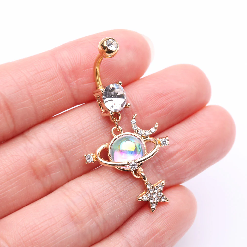 Golden Aurora Celestial Sparkle Sun and Moon Orbit Belly Button Ring - Image 4