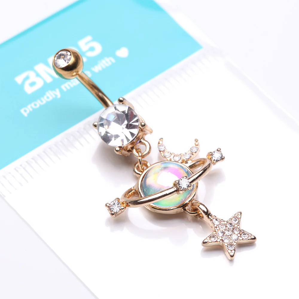 Golden Aurora Celestial Sparkle Sun and Moon Orbit Belly Button Ring - Image 5