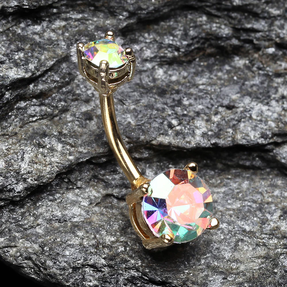 Golden Aurora Sparkle Prong Set Belly Button Ring - Image 3