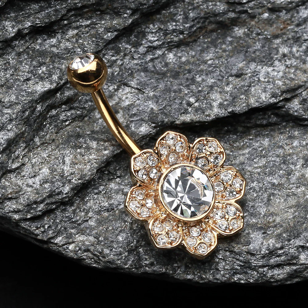 Golden Avens Flower Sparkle Belly Button Ring - Image 3