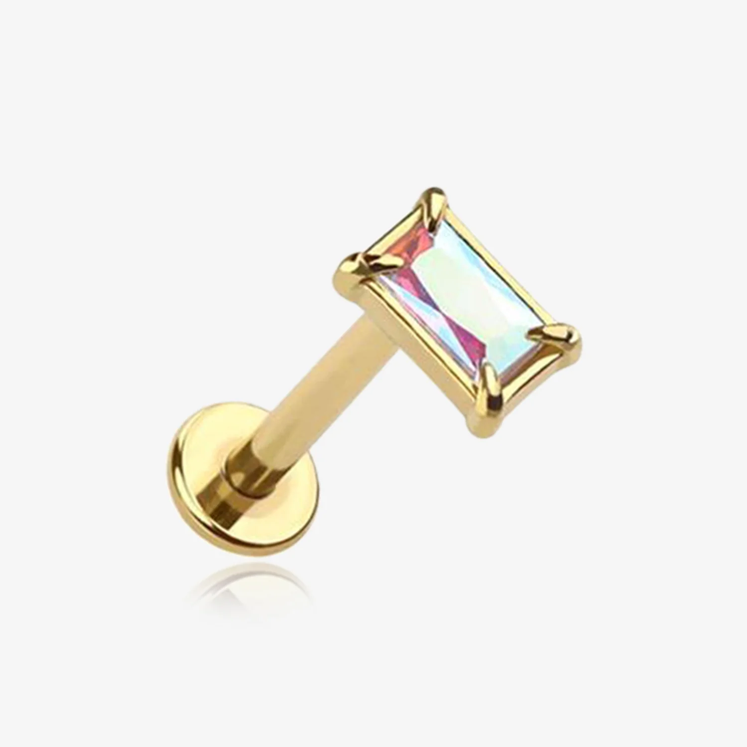 Golden Baguette Prong Set Sparkle Top Internally Threaded Labret Flat Back Stud
