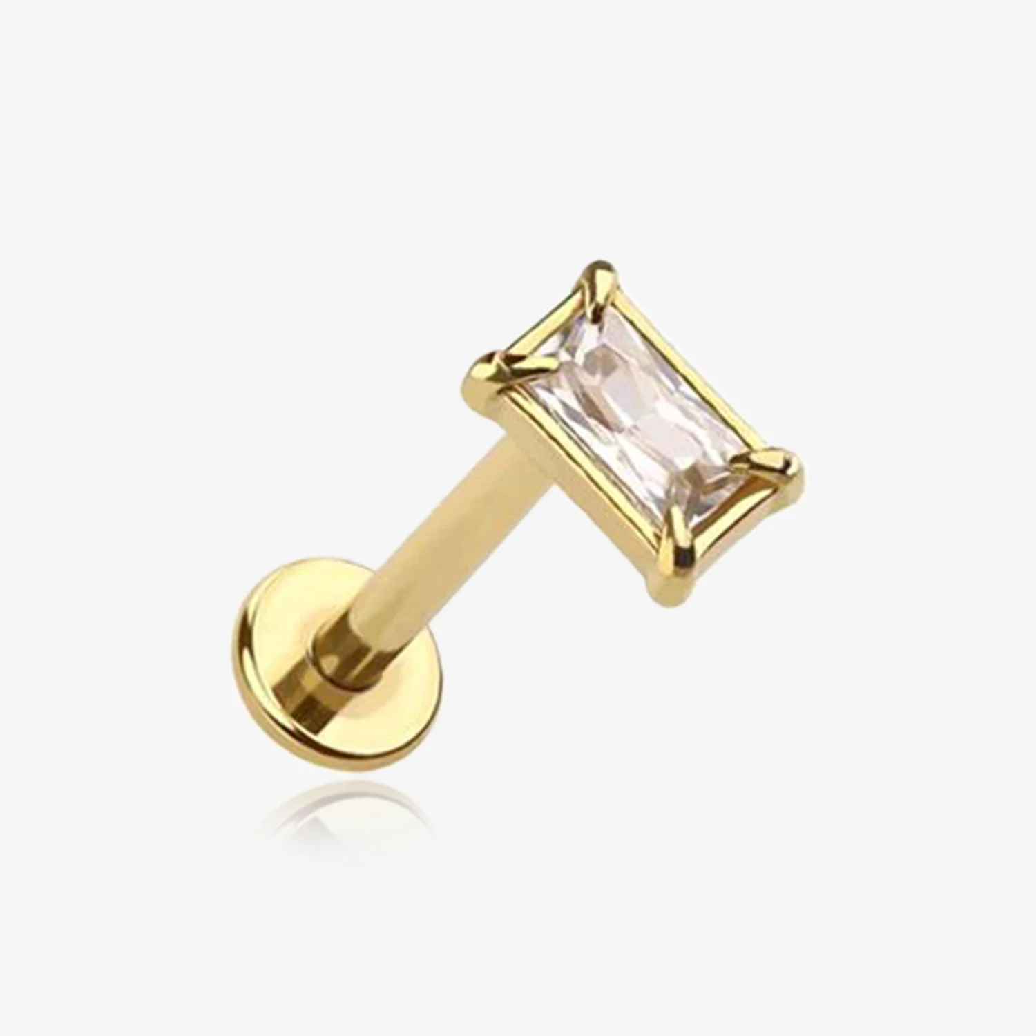 Golden Baguette Prong Set Sparkle Top Internally Threaded Labret Flat Back Stud