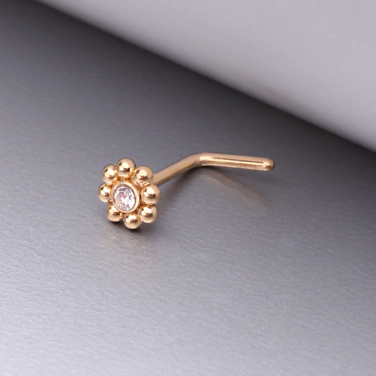 Golden Bali Beads Flower Sparkle Steel L-Shaped Nose Ring - Image 2