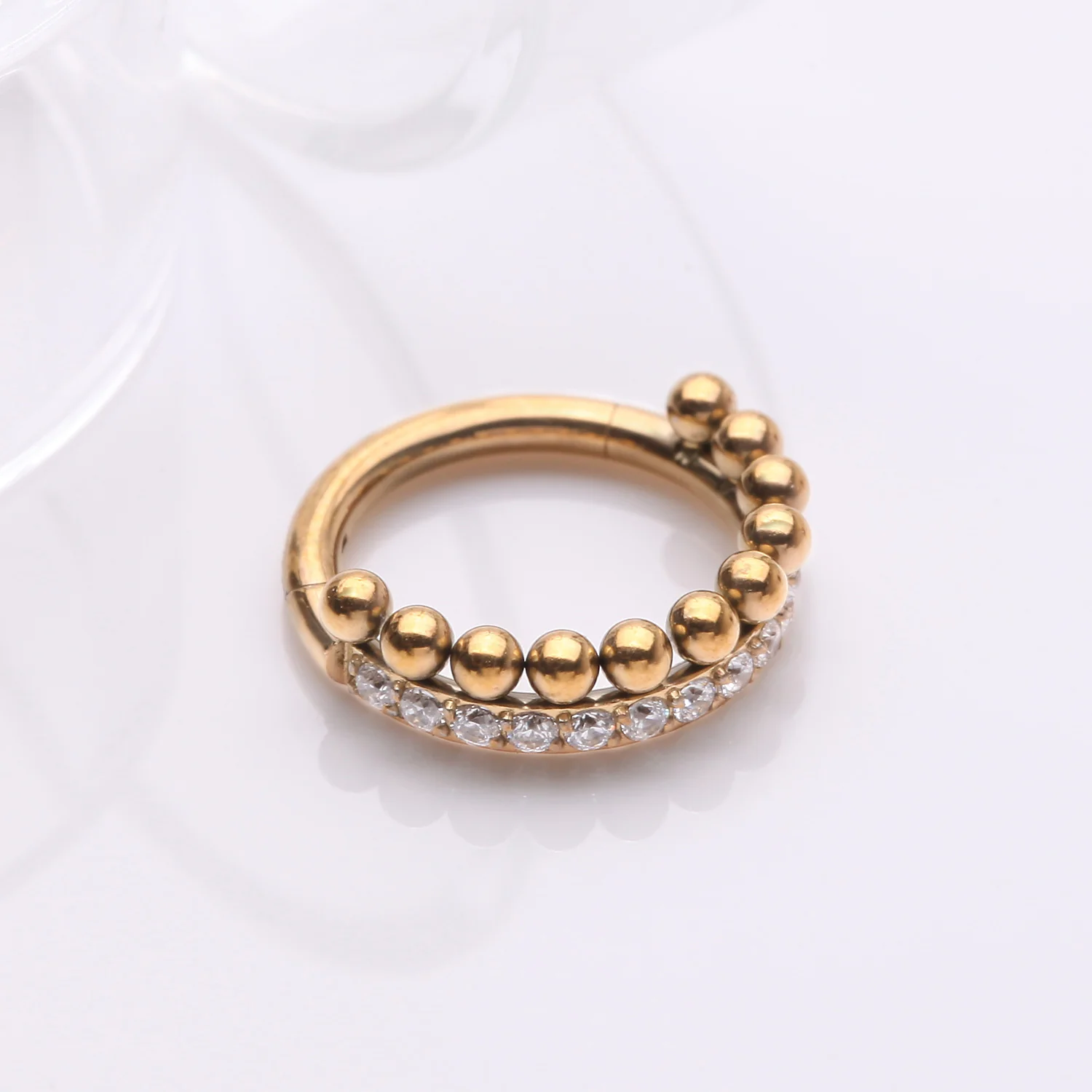 Golden Beaded Layer Sparkle Elegance Steel Clicker Hoop Ring - Image 2
