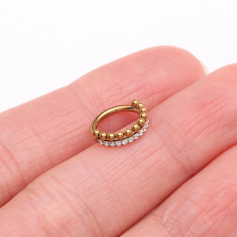 Golden Beaded Layer Sparkle Elegance Steel Clicker Hoop Ring - Image 3