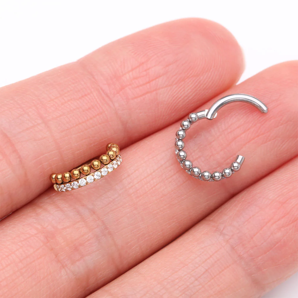 Golden Beaded Layer Sparkle Elegance Steel Clicker Hoop Ring - Image 4