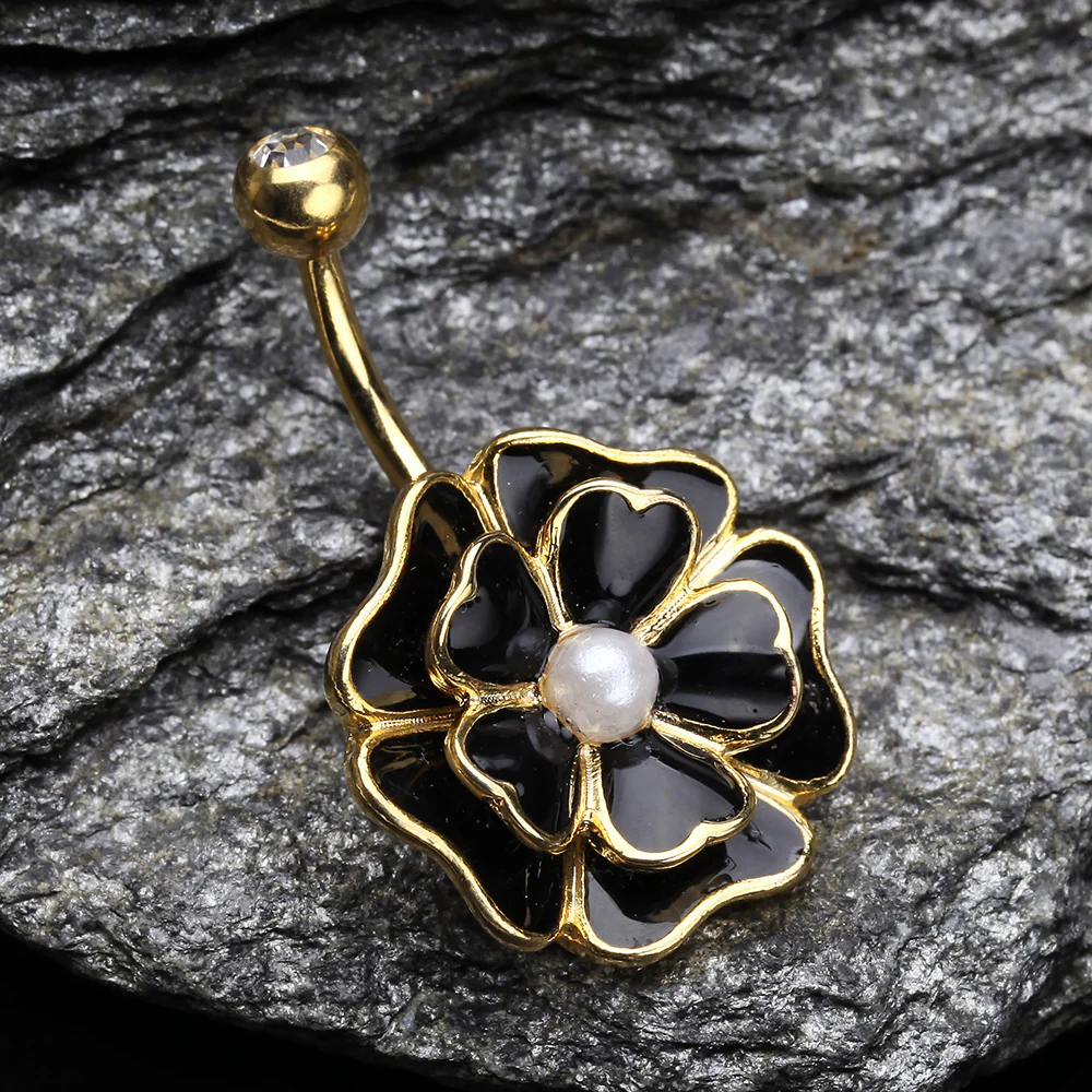 Golden Black Dahlia Flower Belly Button Ring - Image 3