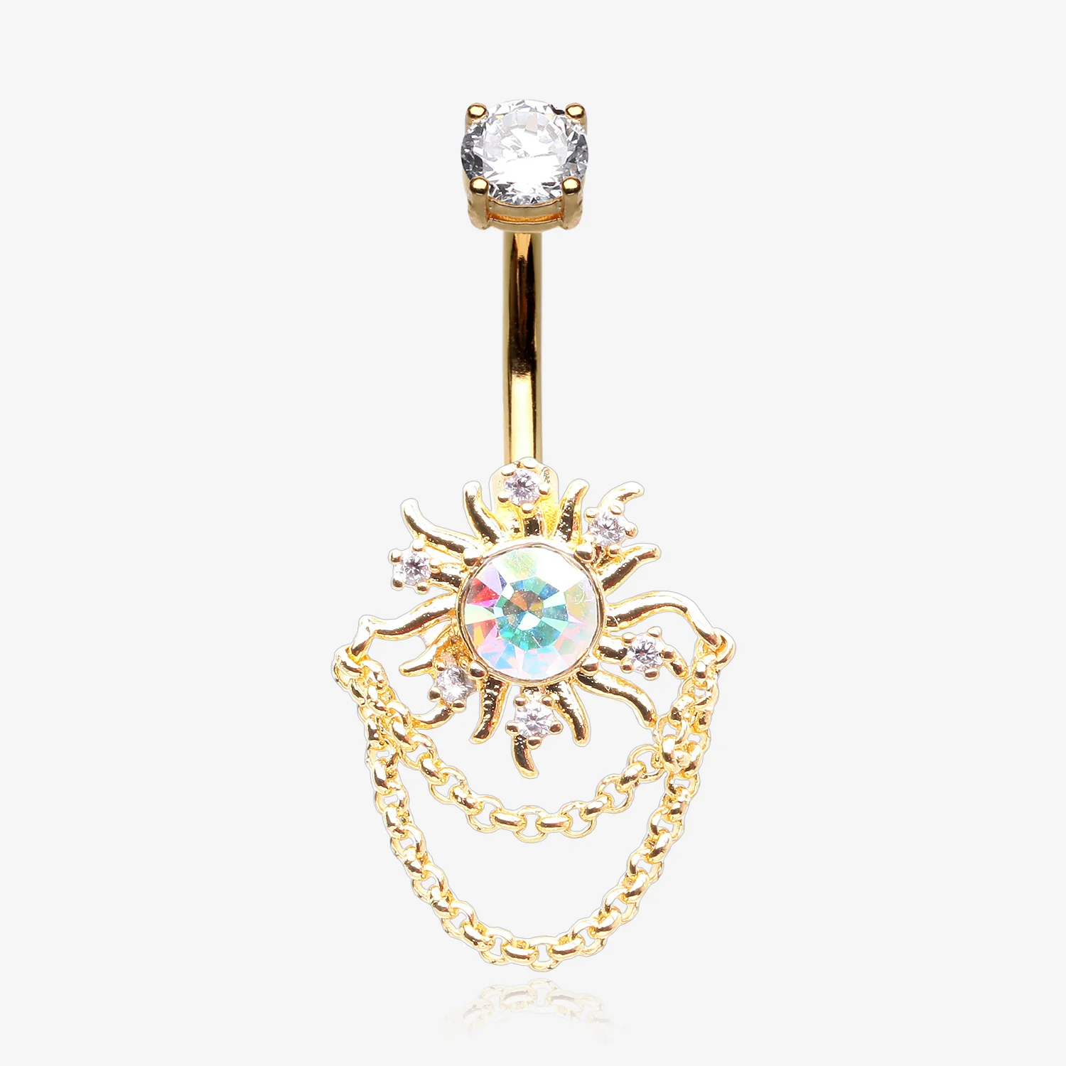 Golden Blazing Sparkle Sun Chained Belly Button Ring