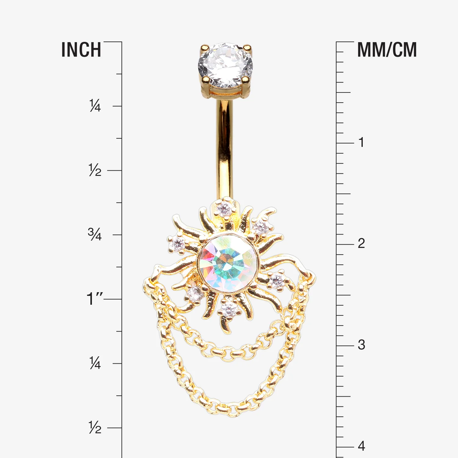 Golden Blazing Sparkle Sun Chained Belly Button Ring - Image 2