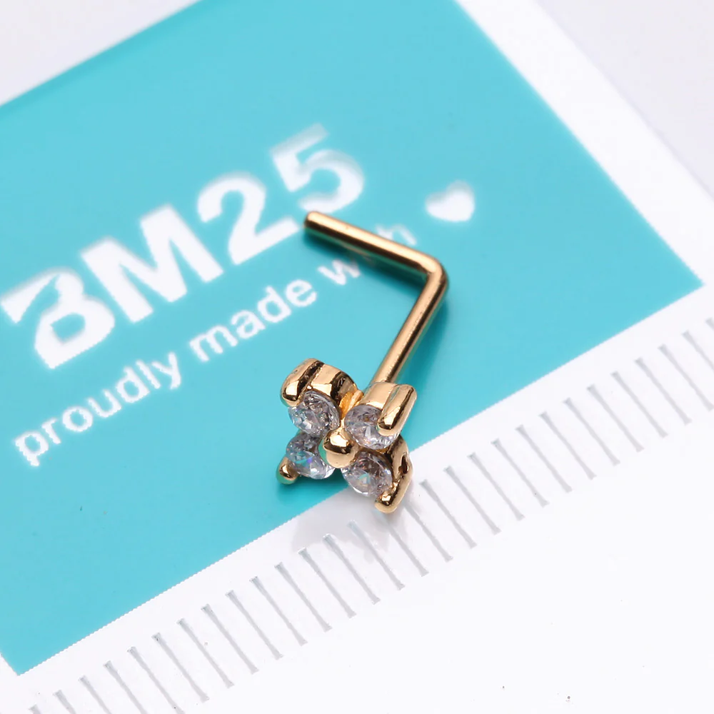 Golden Blooming Sparkle Flower Multi-Gem L-Shaped Nose Ring - Image 3
