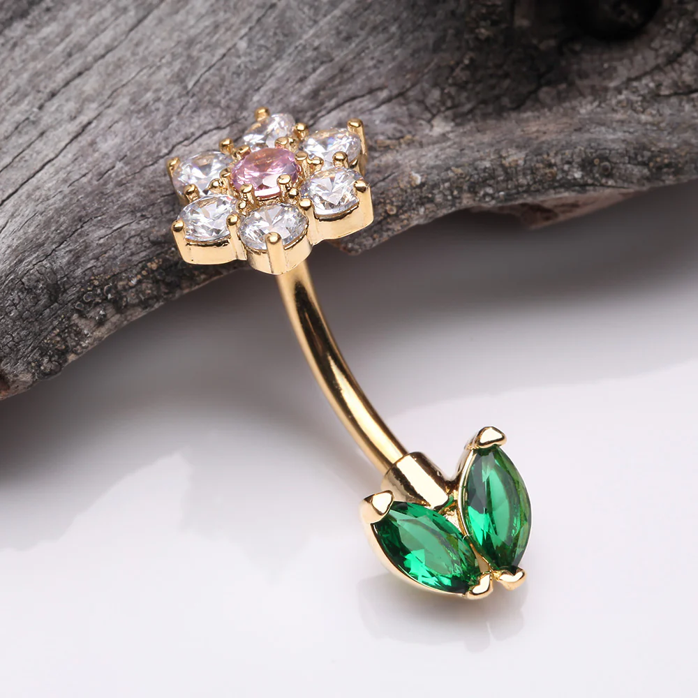 Golden Blooming Sparkle Spring Flower Belly Button Ring - Image 3