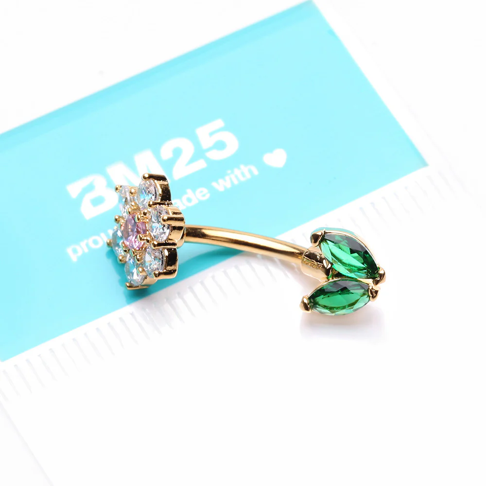 Golden Blooming Sparkle Spring Flower Belly Button Ring - Image 4