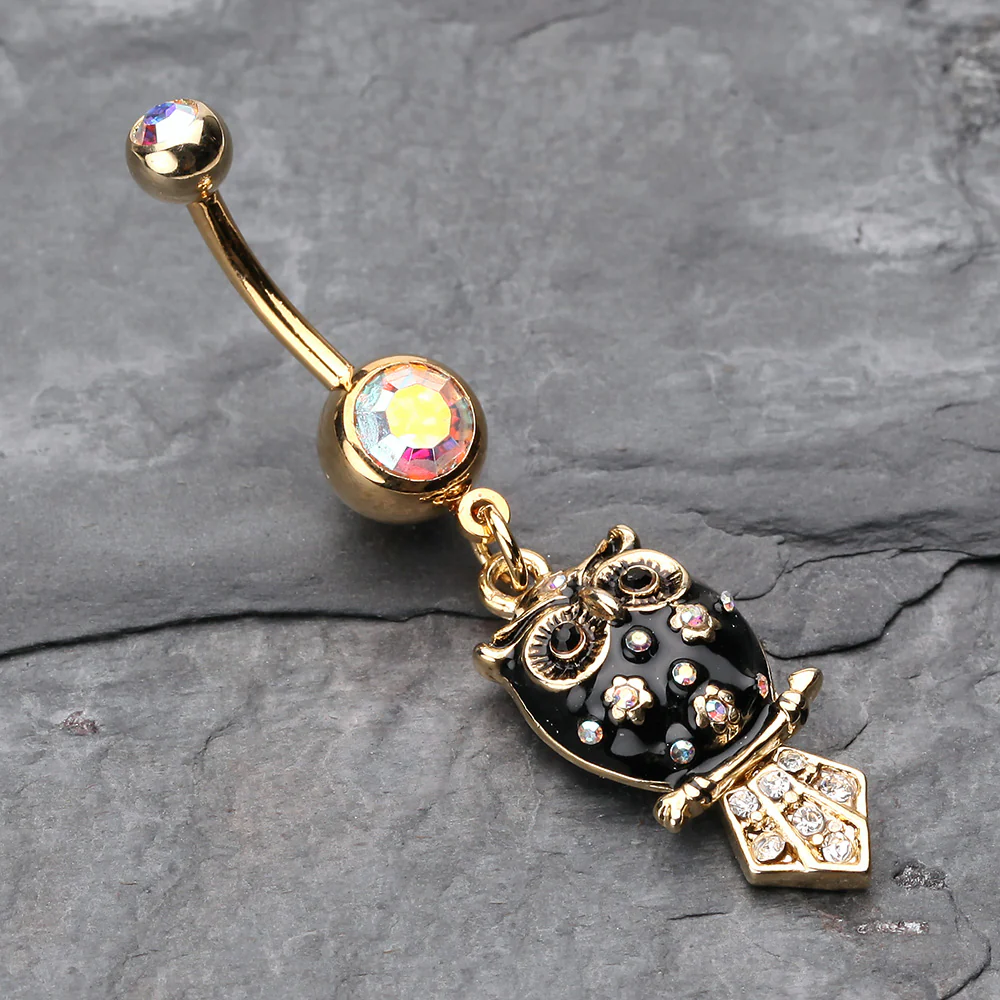 Golden Blossom Owl Belly Button Ring - Image 3