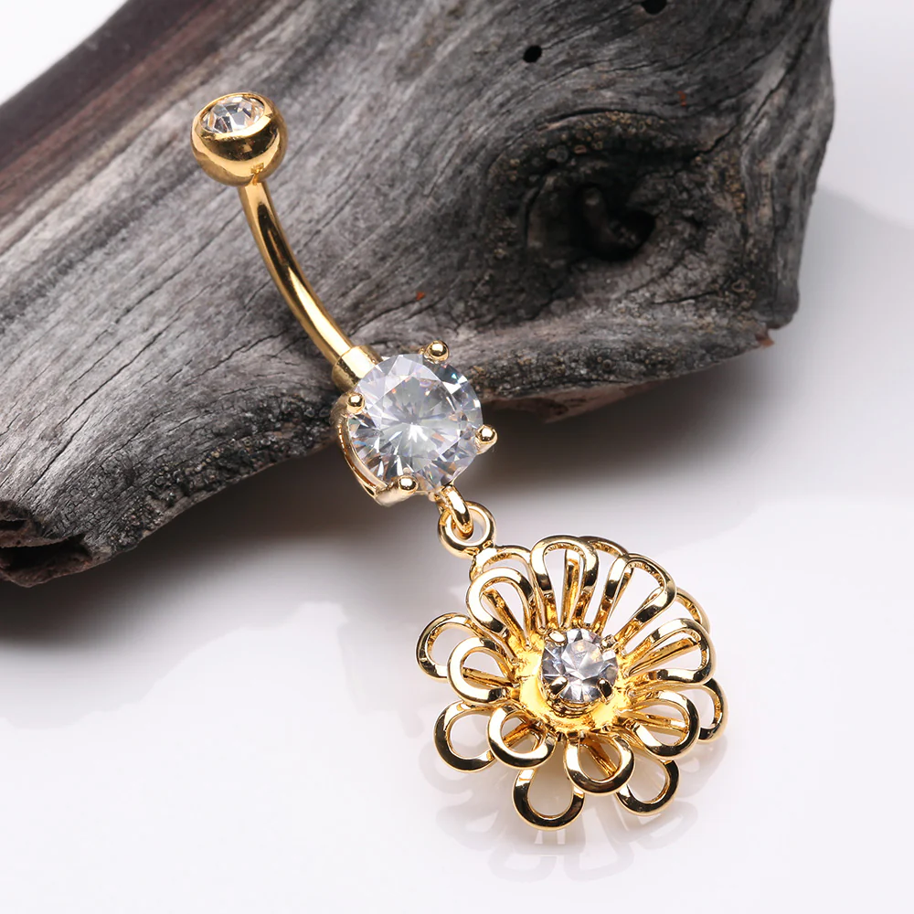 Golden Breeze Sparkle Flower Belly Button Ring - Image 3