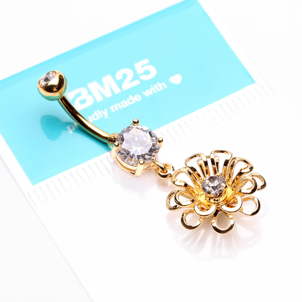 Golden Breeze Sparkle Flower Belly Button Ring - Image 4