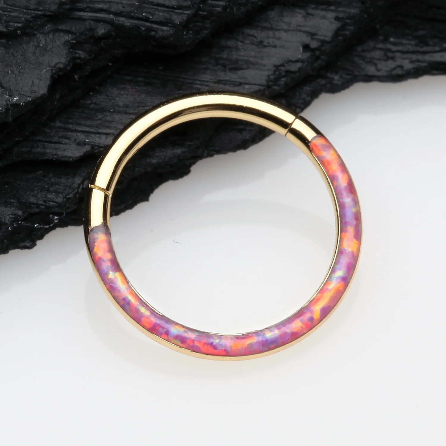 Golden Brilliant Fire Opal Lined Front Facing Seamless Clicker Hoop Ring - Image 2