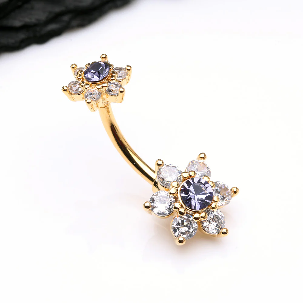 Golden Brilliant Flower Sparkle Belly Button Ring - Image 3