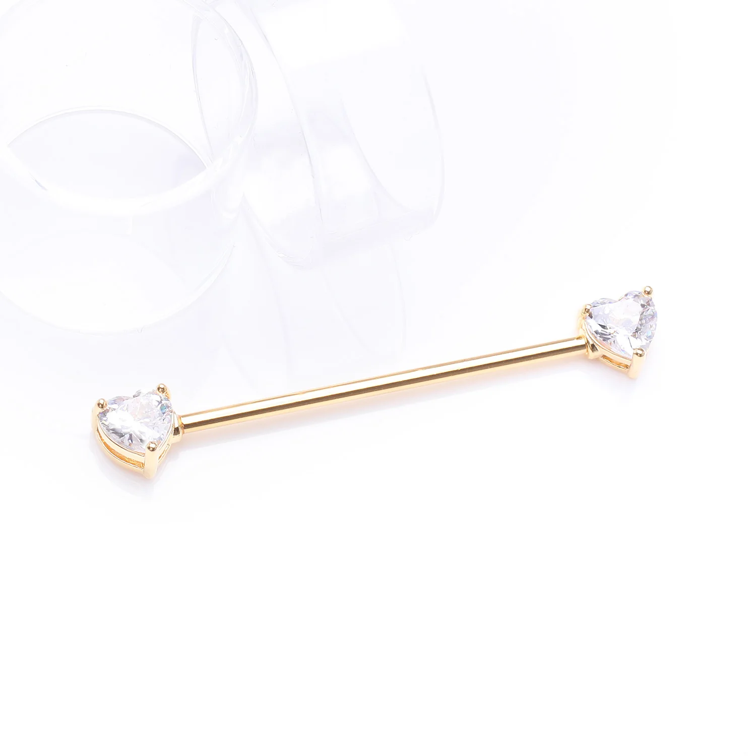 Golden Brilliant Heart Sparkle Ends Industrial Barbell - Image 2