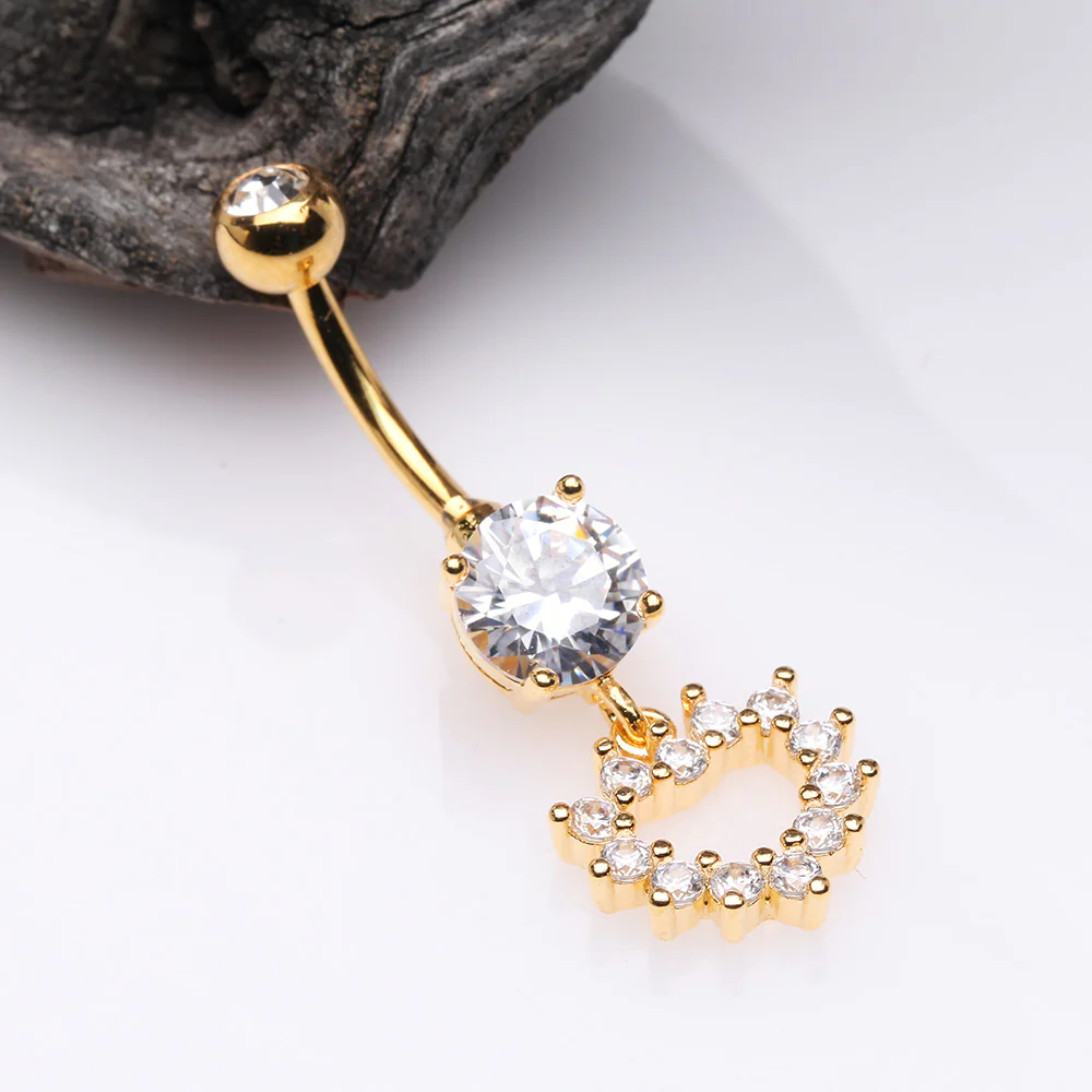 Golden Brilliant Hollow Heart Sparkle Belly Button Ring - Image 3