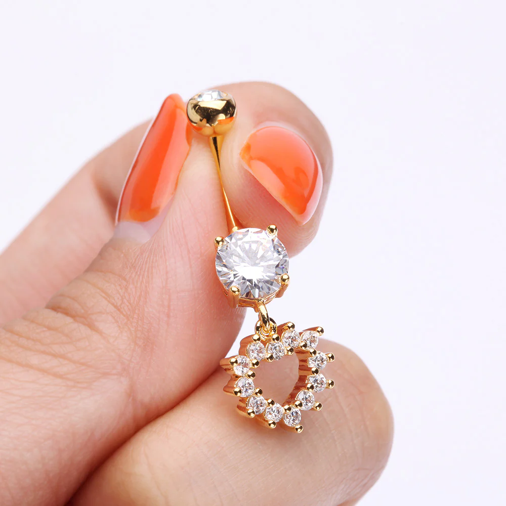 Golden Brilliant Hollow Heart Sparkle Belly Button Ring - Image 4