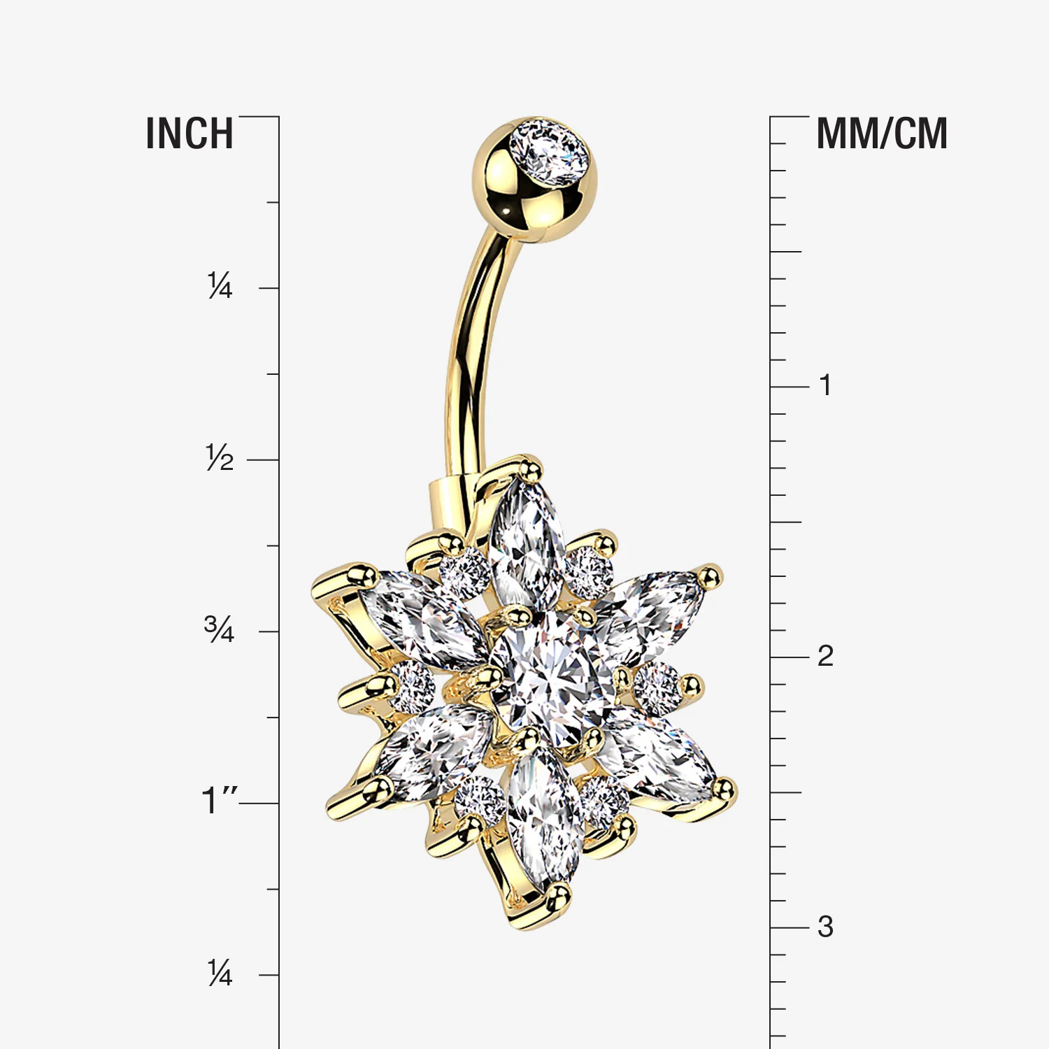 Golden Brilliant Marquise Petal Flower Sparkle Belly Button Ring - Image 2