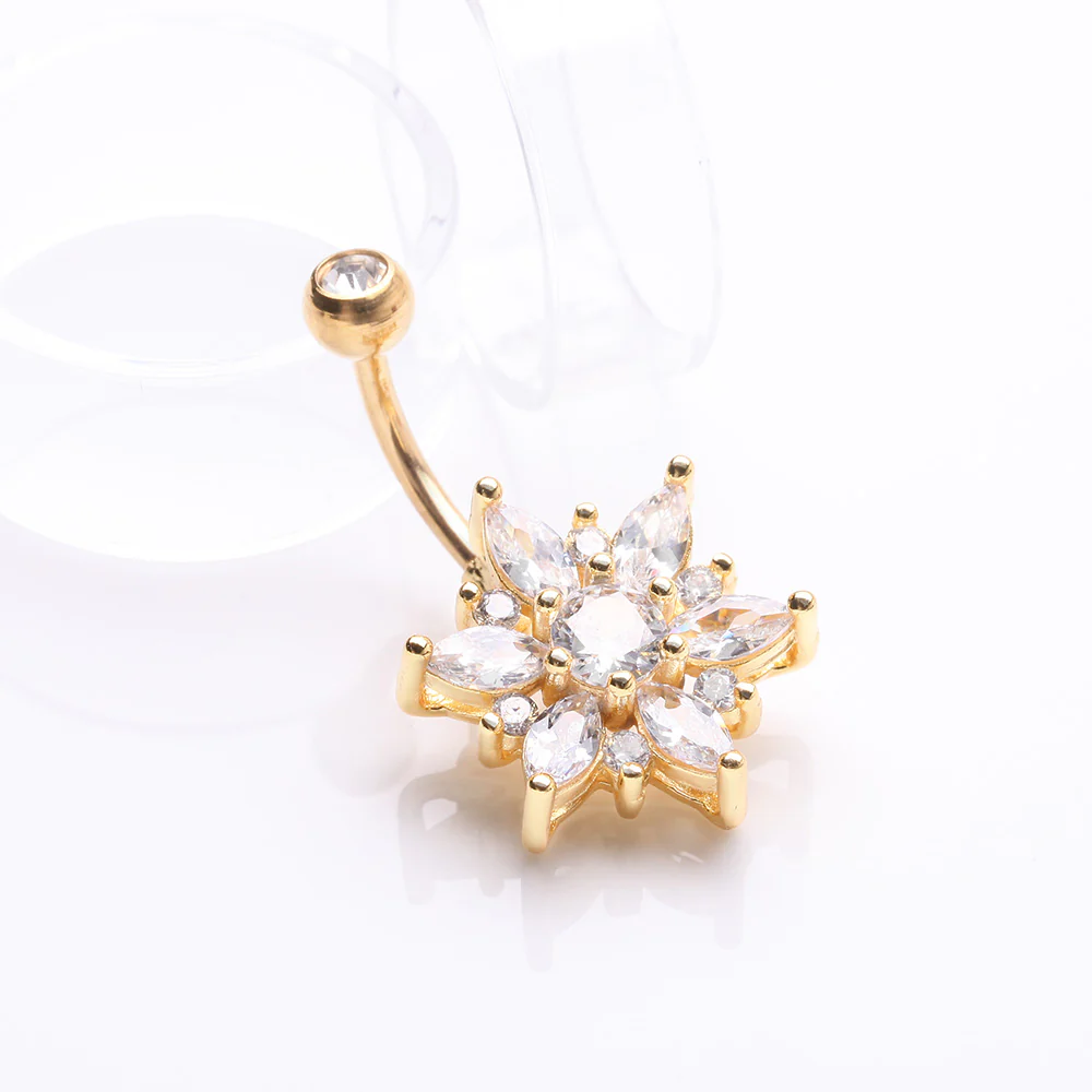 Golden Brilliant Marquise Petal Flower Sparkle Belly Button Ring - Image 3