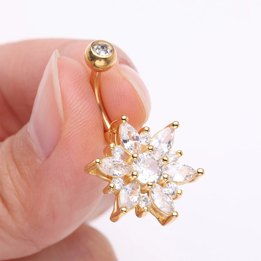 Golden Brilliant Marquise Petal Flower Sparkle Belly Button Ring - Image 4