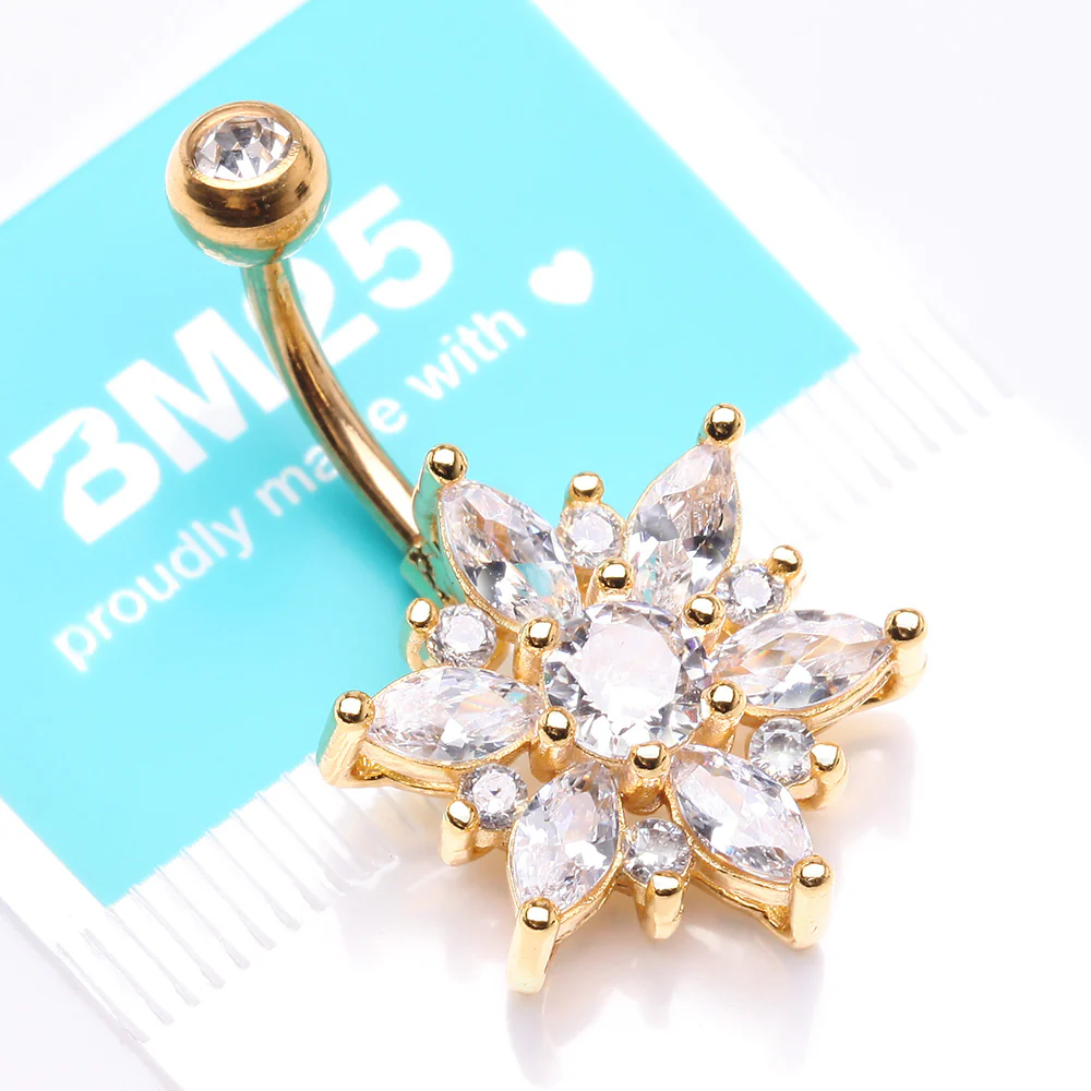 Golden Brilliant Marquise Petal Flower Sparkle Belly Button Ring - Image 5