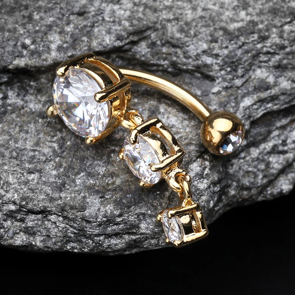 Golden Brilliant Sparkle Cascading Gem Reverse Belly Button Ring - Image 4