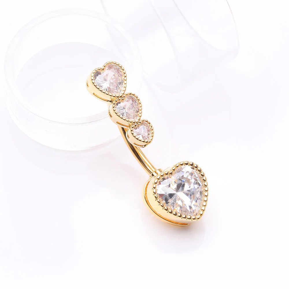 Golden Brilliant Sparkle Cascading Heart Drop Top Belly Button Ring - Image 3