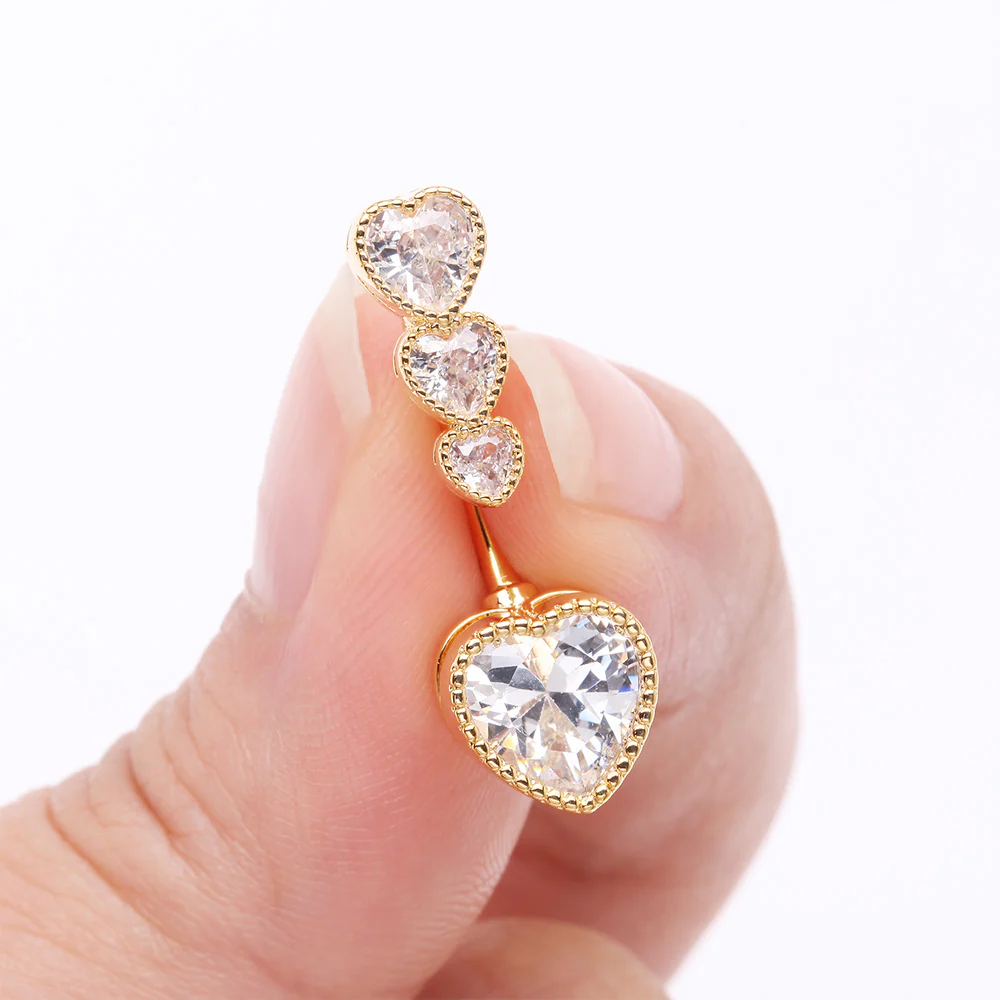 Golden Brilliant Sparkle Cascading Heart Drop Top Belly Button Ring - Image 4