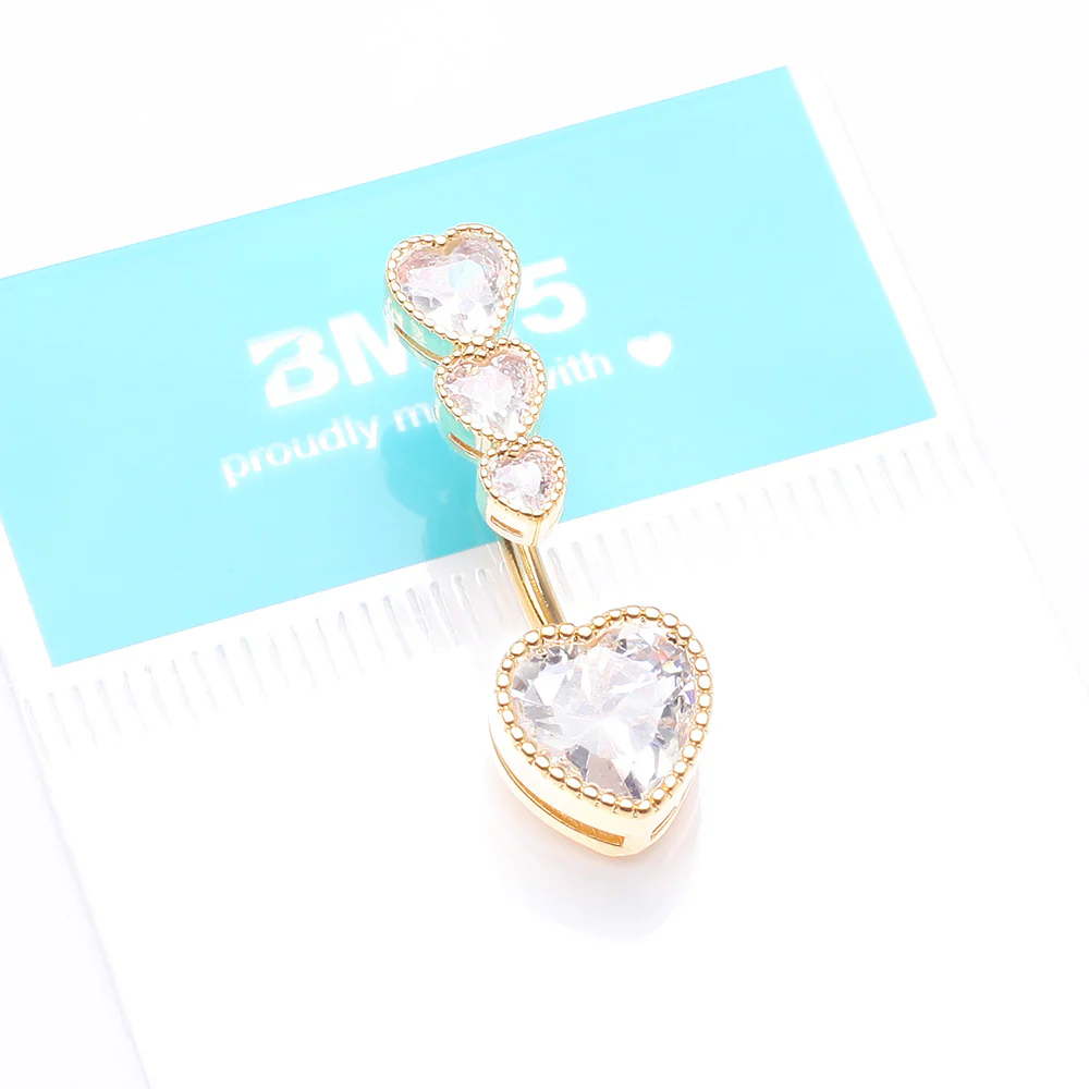 Golden Brilliant Sparkle Cascading Heart Drop Top Belly Button Ring - Image 5