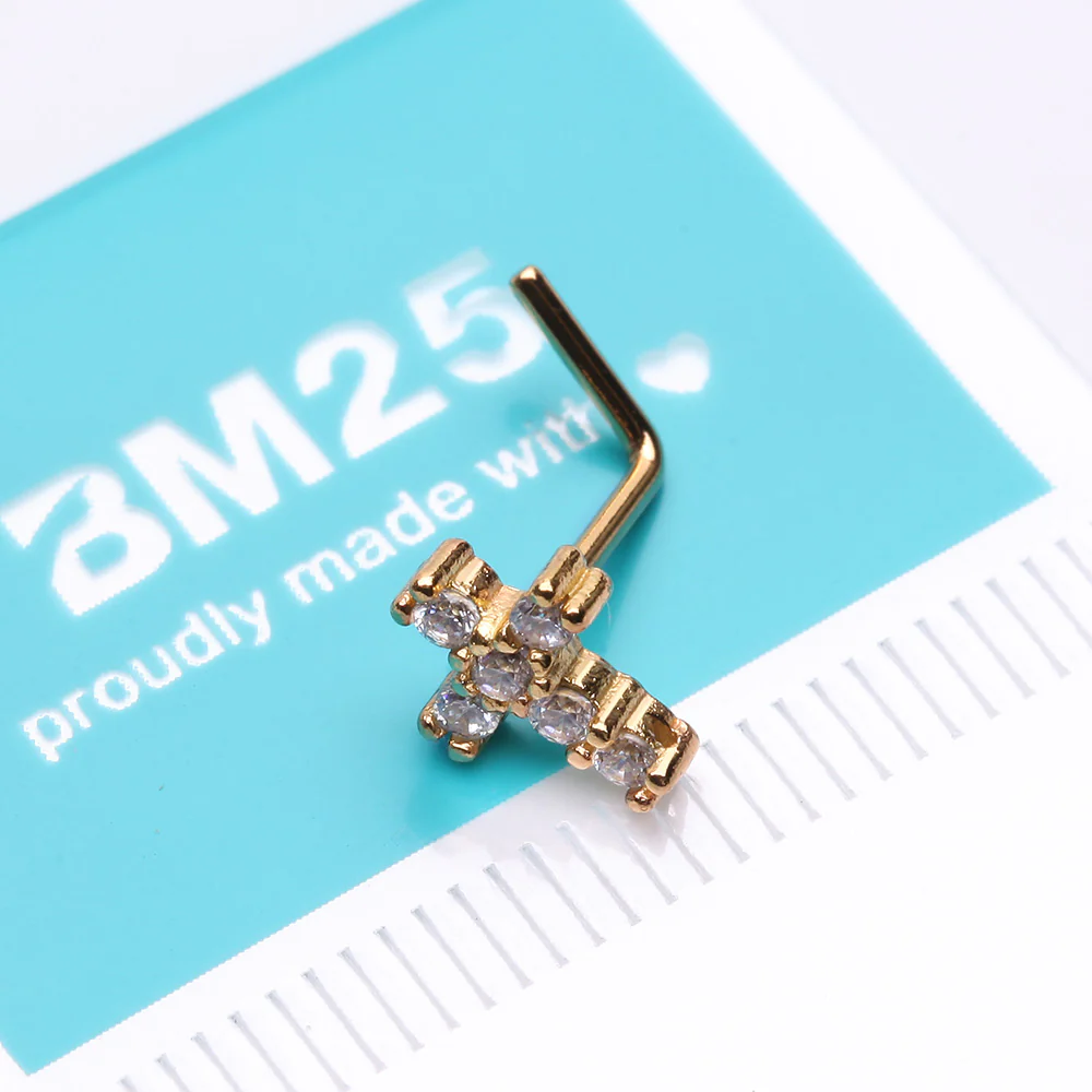 Golden Brilliant Sparkle Cross Multi-Gem L-Shaped Nose Ring - Image 3
