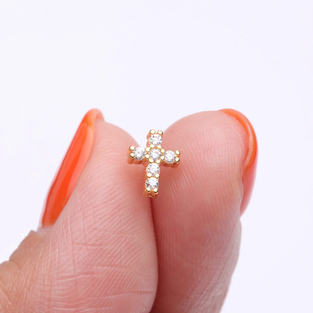 Golden Brilliant Sparkle Cross Multi-Gem Nose Stud Ring - Image 3