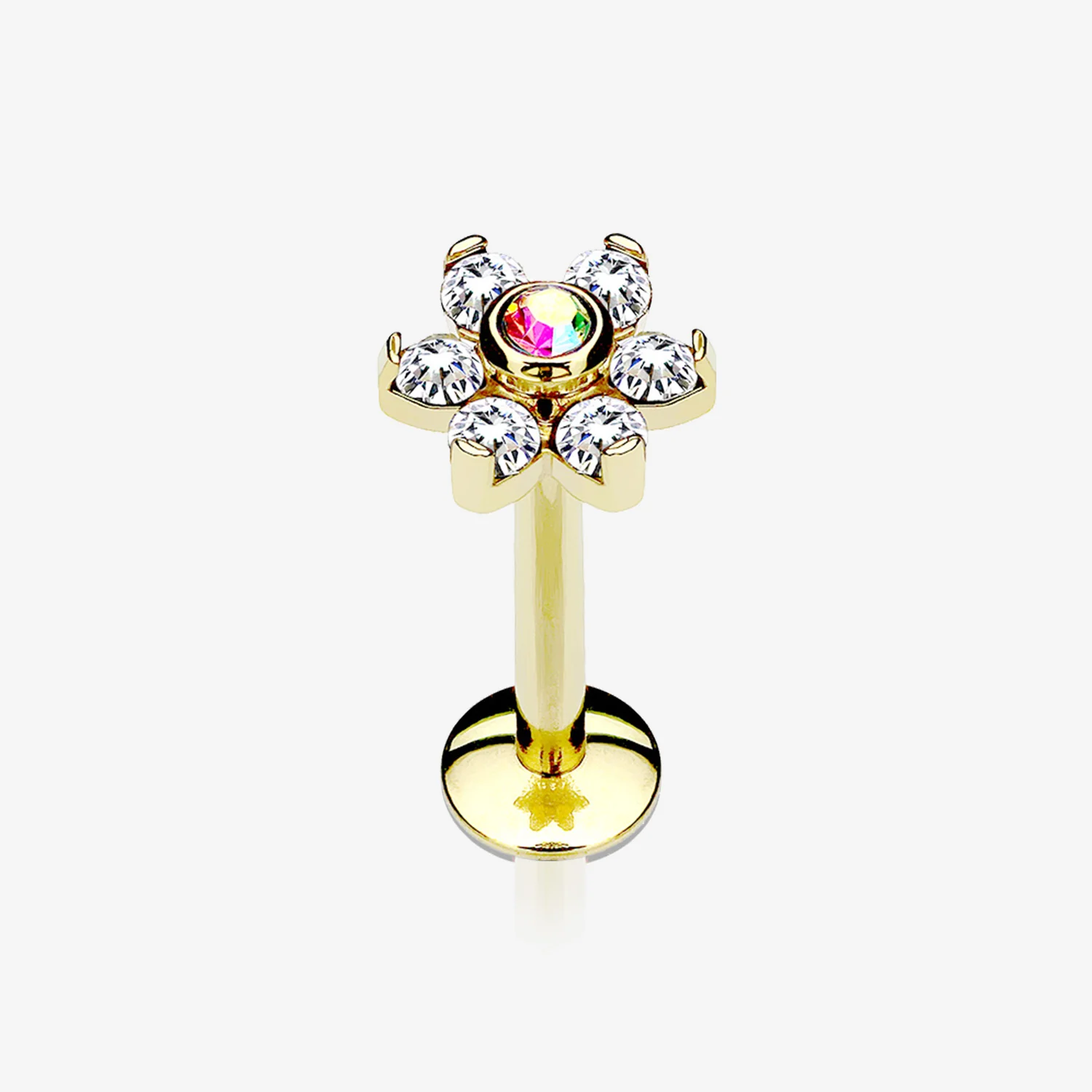 Golden Brilliant Sparkle Flower Top Internally Threaded Steel Labret