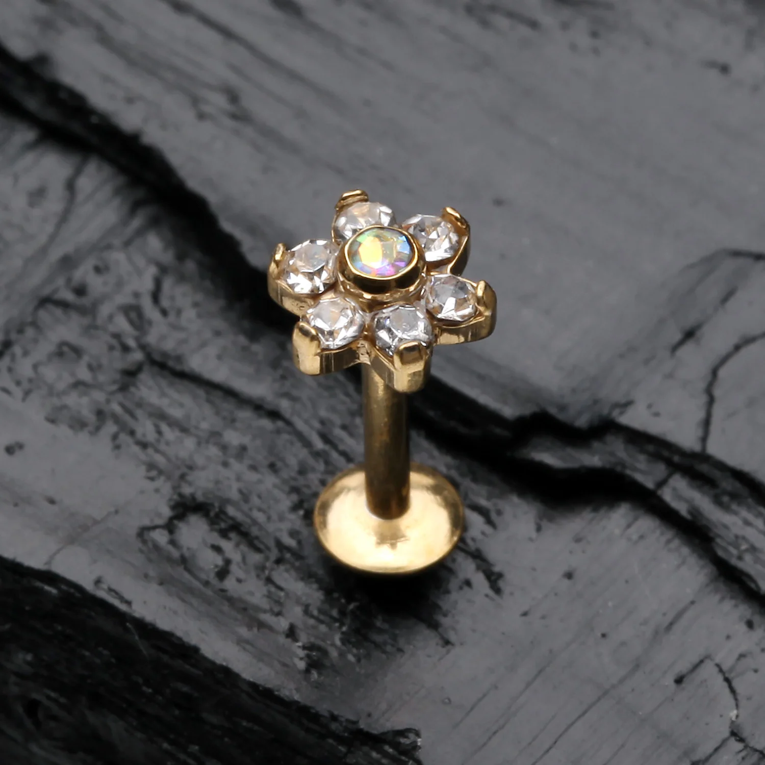 Golden Brilliant Sparkle Flower Top Internally Threaded Steel Labret - Image 2