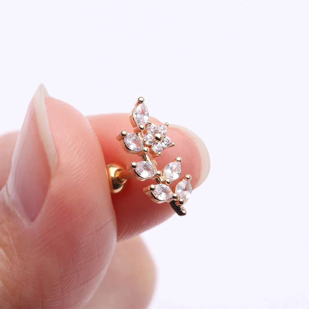 Golden Brilliant Sparkle Flower Vine Leaflets Sparkle Cartilage Tragus Barbell Stud - Image 3