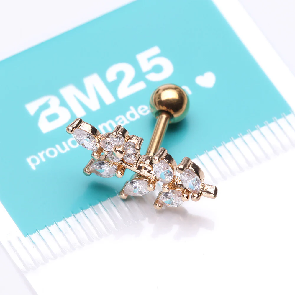 Golden Brilliant Sparkle Flower Vine Leaflets Sparkle Cartilage Tragus Barbell Stud - Image 4