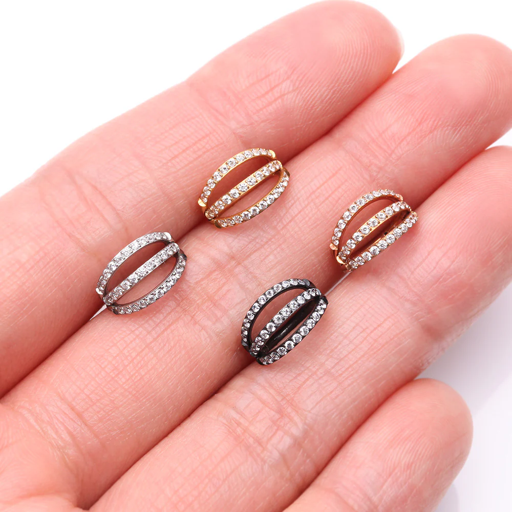 Golden Brilliant Sparkle Gem Lined Triple Hoop Steel Seamless Clicker Hoop Ring - Image 4