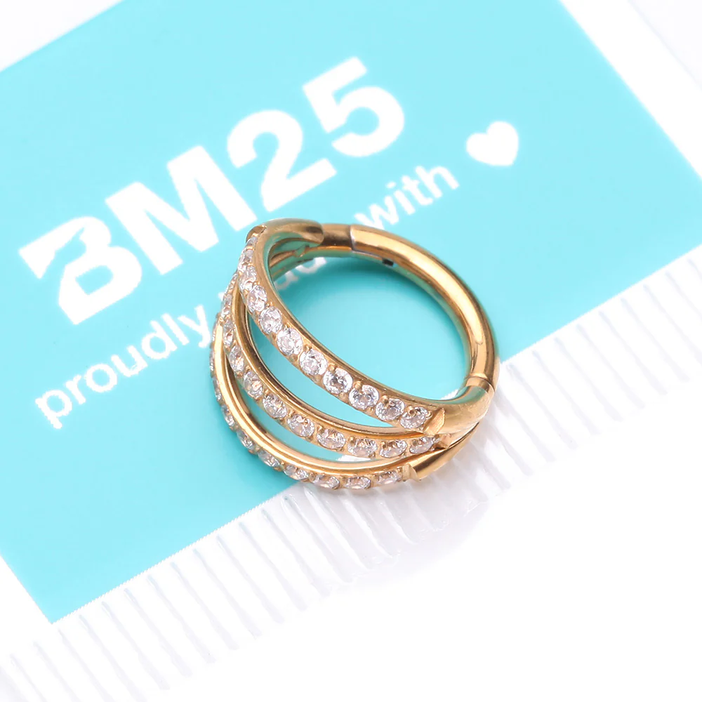 Golden Brilliant Sparkle Gem Lined Triple Hoop Steel Seamless Clicker Hoop Ring - Image 5