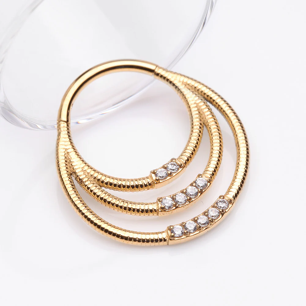 Golden Brilliant Sparkle Gem Lined Triple Loop Accent Seamless Clicker Hoop Ring - Image 3