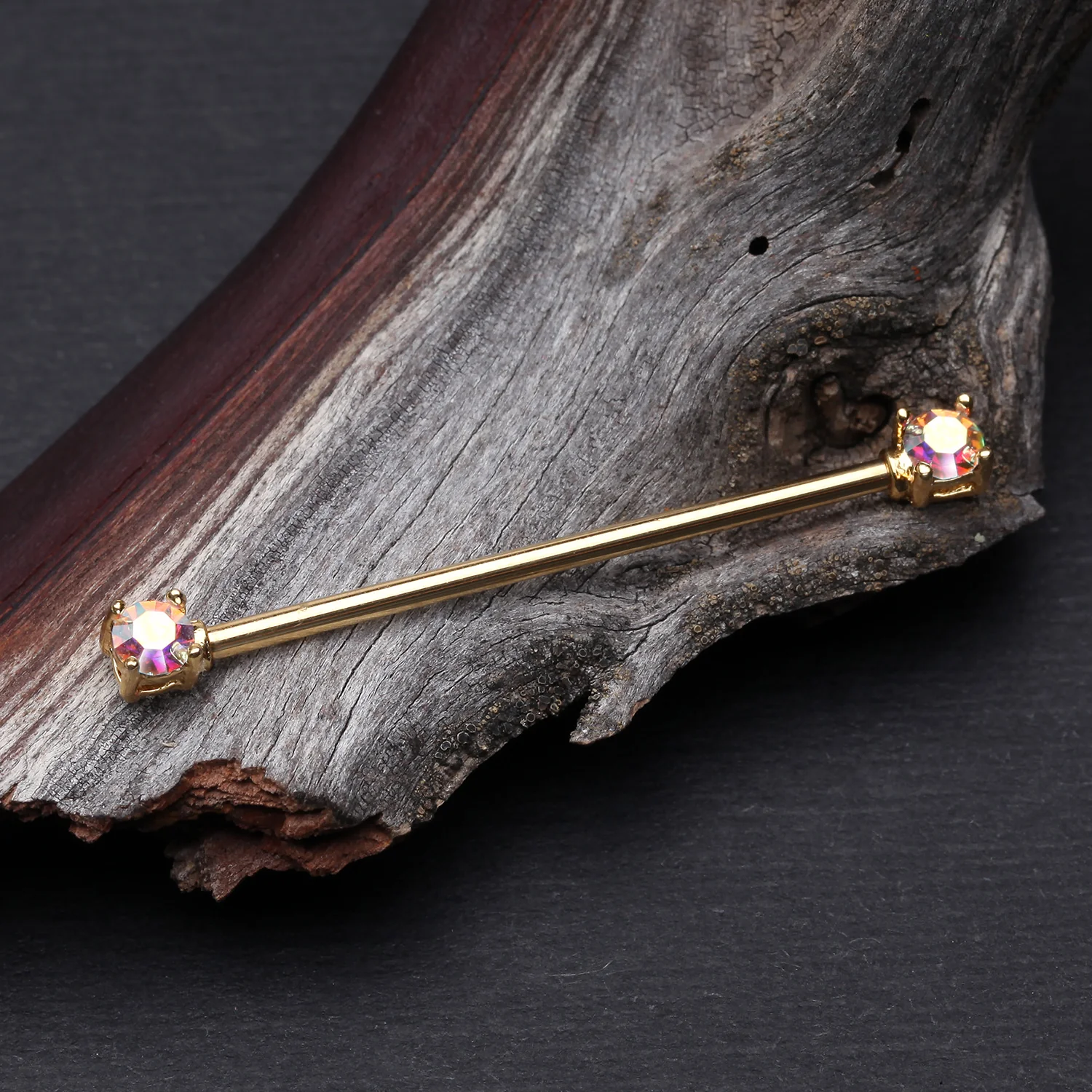 Golden Brilliant Sparkle Gem Prong Set Industrial Barbell - Image 2