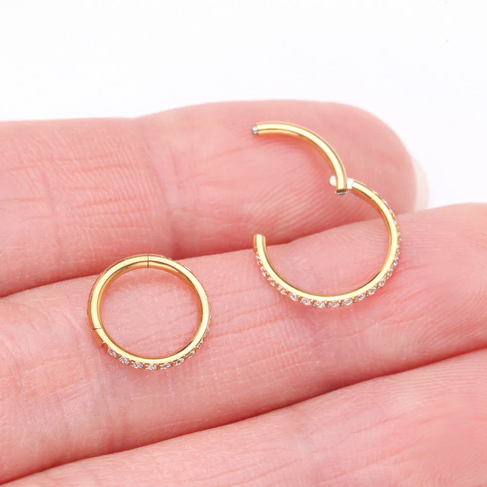 Golden Brilliant Sparkle Gems Lined Clicker Hoop Ring - Image 4