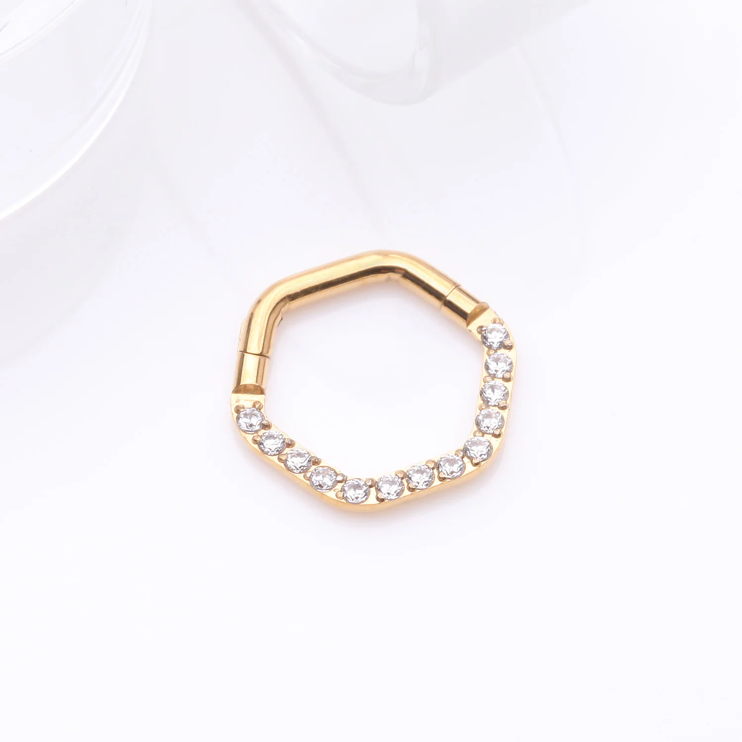 Golden Brilliant Sparkle Multi-Gem Hexagon Clicker Hoop Ring - Image 2