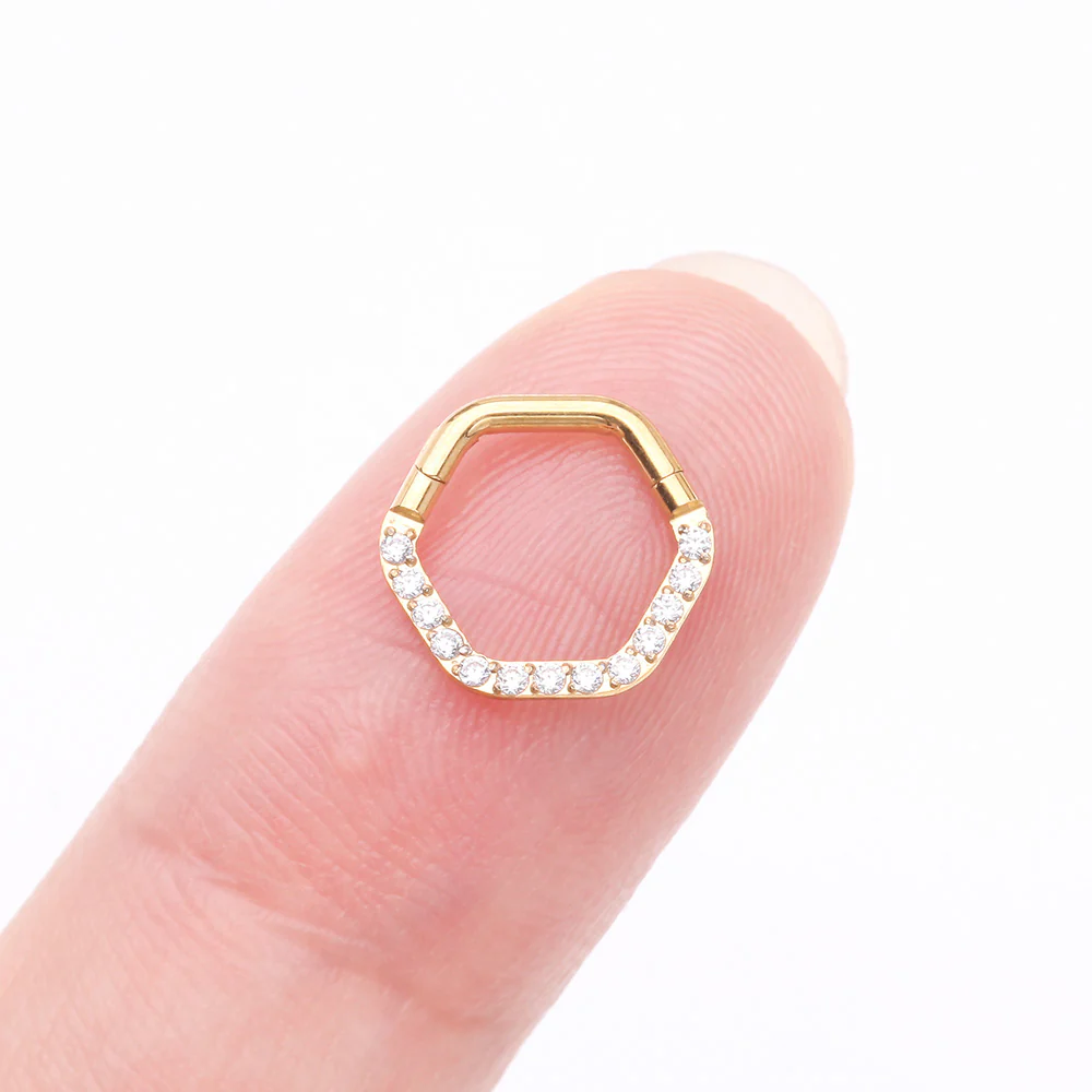 Golden Brilliant Sparkle Multi-Gem Hexagon Clicker Hoop Ring - Image 3