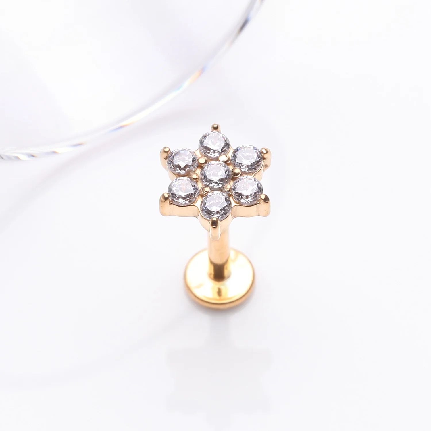 Golden Brilliant Sparkle Spring Flower Top Internally Threaded Steel Labret - Image 2