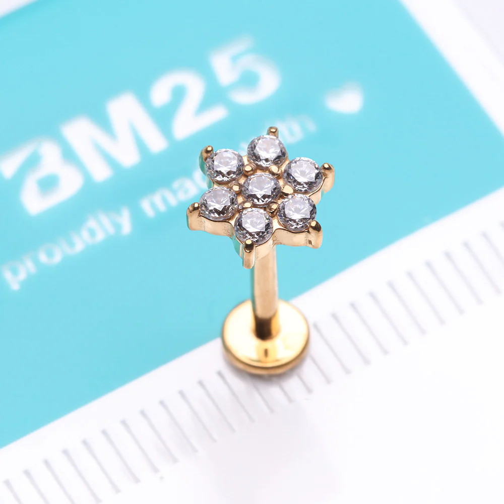Golden Brilliant Sparkle Spring Flower Top Internally Threaded Steel Labret - Image 3