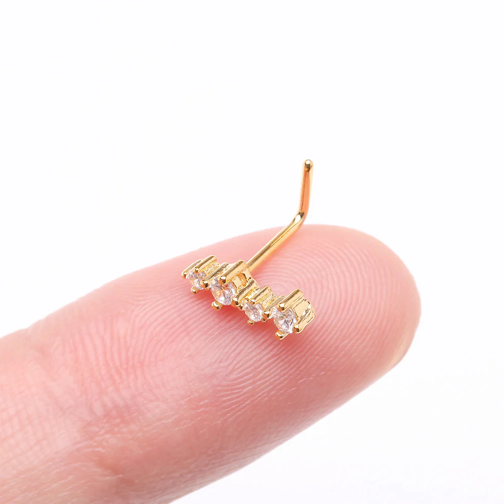 Golden Brilliant Sparkle ZigZag Multi-Gem L-Shaped Nose Ring - Image 3
