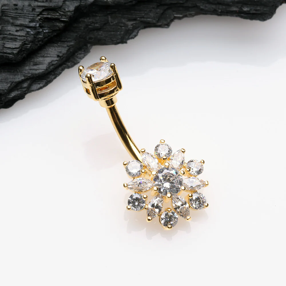 Golden Brilliant Sunburst Floral Sparkle Belly Button Ring - Image 3