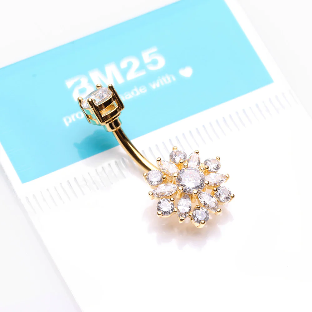Golden Brilliant Sunburst Floral Sparkle Belly Button Ring - Image 4